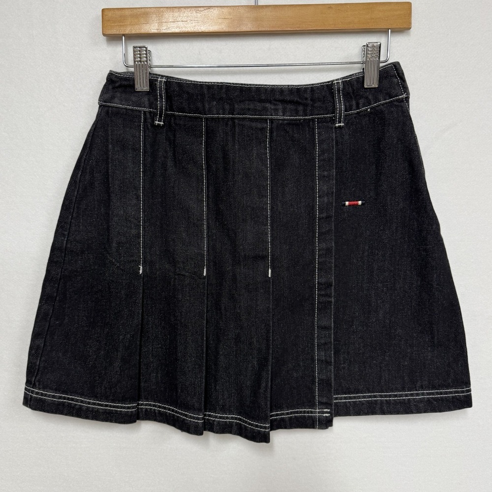 Romantic Crown Black Denim Mini Skirt, Size Medium, Pleats Mock-Wrap Streetwear‎